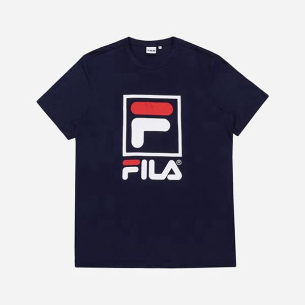 Fila Stacked Logo S/S Men's T-Shirts - Navy,NZ 423-4692